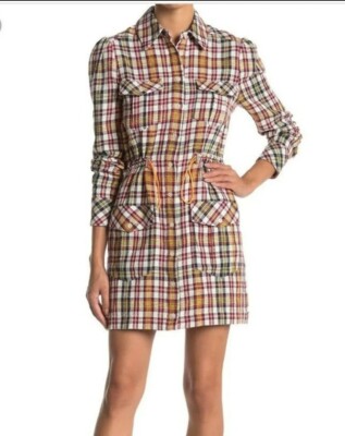 NWT Veronica Beard Womens Corrine Plaid Drawstring Shirt Dress Red Yellow Size 2