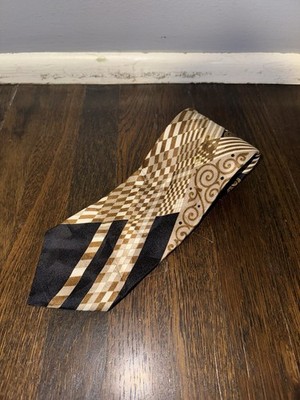 Bruno Piattelli Roma Handmade 100% Silk Tie - Black/Beige Geometric Print