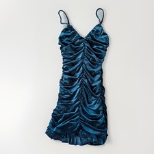 Lulus Stunning Celebration Teal Blue Velvet Ruched Bodycon Mini Dress Size S