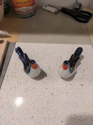 Lomonosov Porcelain Gold, Blue & Orange Bird Salt & Pepper Shakers AG03 USSR