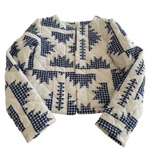 Caroline Constas Quilted Cropped Jacket Blue White Gingham Linen Blend Boho XS
