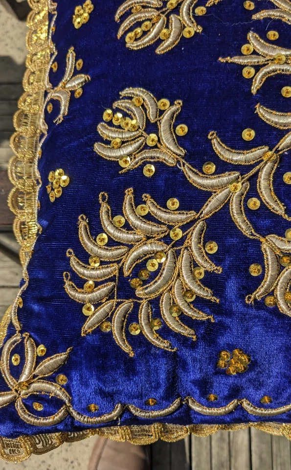 Heavily Embroidered Indian Cushion with Gold Thread, Gold Sequins and Border - Image 3 of 4