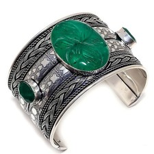 GreenSimulated Gemstone 925 Sterling Silver Cuff Bracelet Adjustable