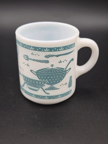 Vintage HAZEL ATLAS KITCHEN AID Blue Turquoise Milk Glass Handled Coffee Mug