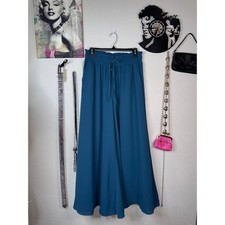 Teal Blue Wide Leg Culotte Pants Womens L Paperbag Smocked High Waist Cropped