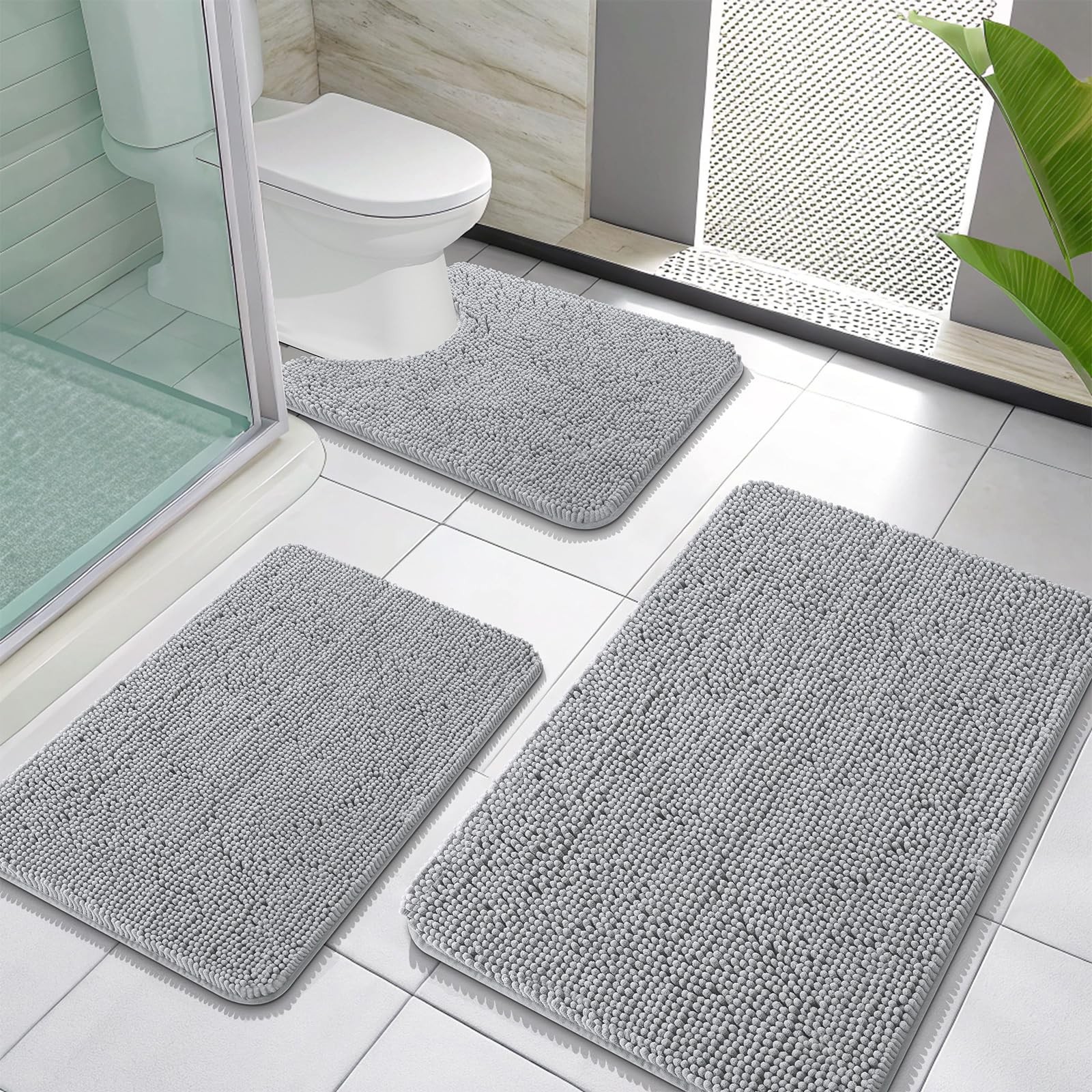 Bathroom Rugs Sets 3 Piece, Soft Absorbent Chenille Bath Mats and U-Shaped Co...