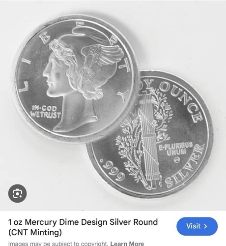 1 Troy Ounce .999 Fine Silver, Mercury Dime Design, Miss Liberty 1 OZ. 999 Fine