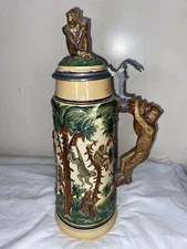 ￼ Antique 2L GERMAN BEER STEIN WITH MONKEYS HANDLE & FINIAL