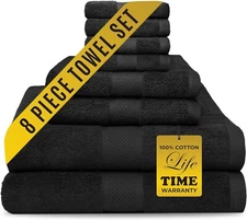 8 PIECES BLACK TOWEL GIFT SET (2 BATH, 2 HAND, 4 WASHCLOTH TOWELS ) 100% COTTON