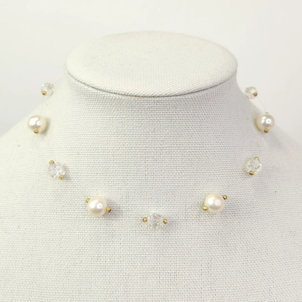 Crystal Beaded Necklace Vtg Station Choker Faux Pearl Floating