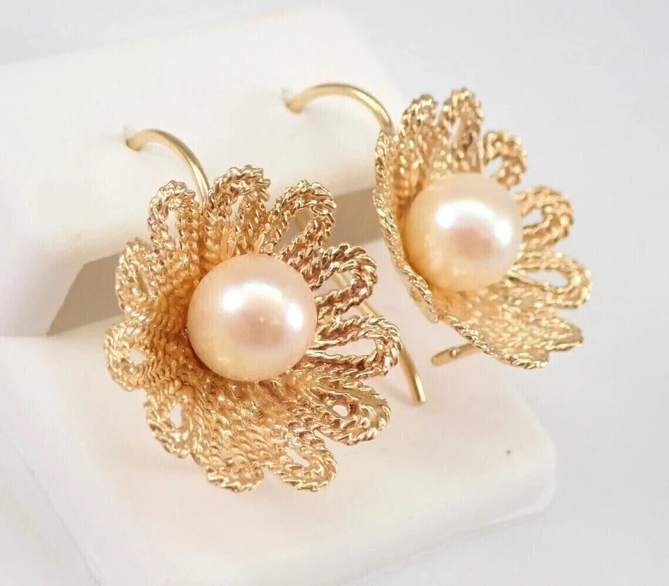 2Ct Round Cut Genuine White Pearl Vintage Estate Earrings 14K Yellow Gold Plated - Image 2 of 4