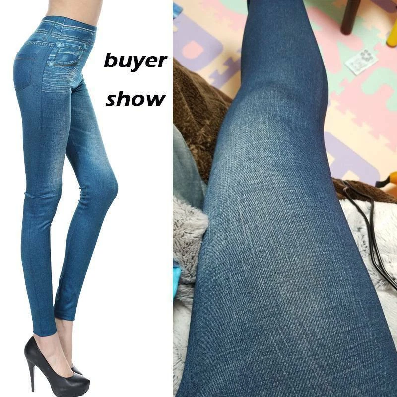 Women Blue Faux Denim Jeans High Waist Skinny Jeggings Leggings Pencil Pants - Image 3 of 4