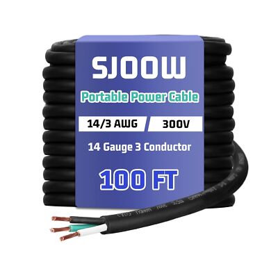 14/3 AWG 100 FT Portable Power Cable SJOOW 300V Electrical Wire Pure Copper H...