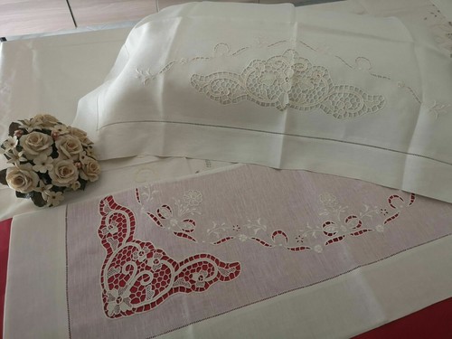 Rich sheet in pure linen with embroidery Burano Venice handmade Ecru' color - Picture 9 of 12