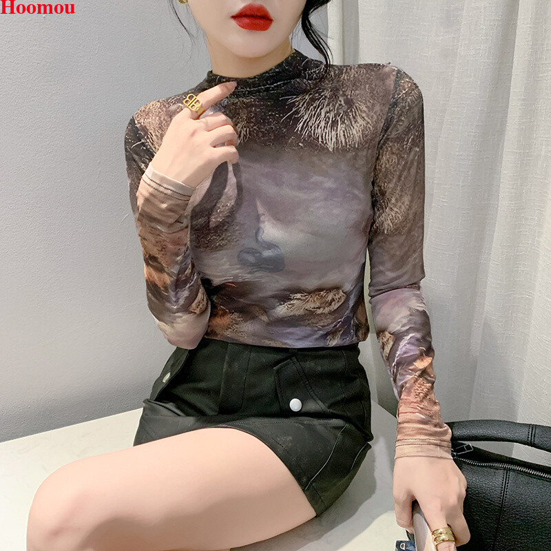 Fall Waist-controlled Top Women's Black V-neck Pullover Long Sleeve Mesh Transparent Shirt