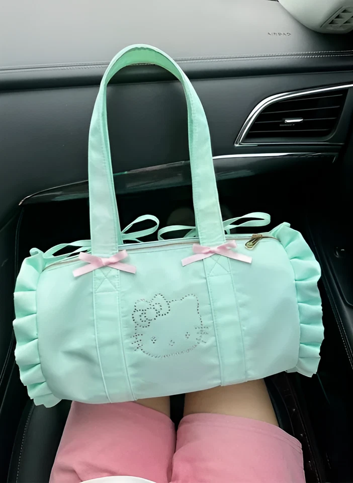 Bolso de Mano Hello Kitty Satinado Volantes Barril Grande Verde Menta Estrás Lona Bolso Foto 3 de 4