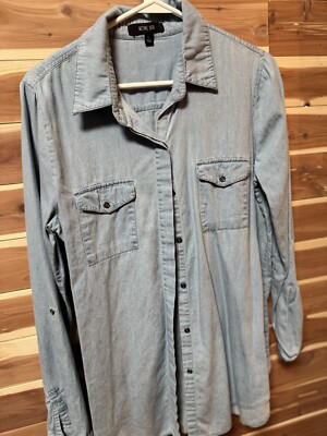 Women s Distressed Long Sleeve Denim Shirt Size L Blue Jean casual fall