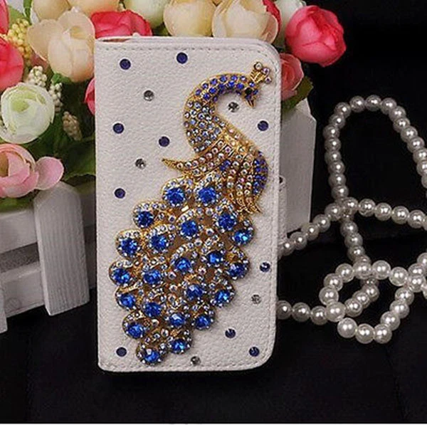 Luxury Bling Diamond Crystals Peacock Leather slots Flip Wallet Phone Cover Case - Image 4 of 4