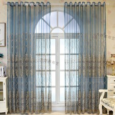 Rideau Voile En Tulle Brodé à Œillets Bleu Polyester Floral 200x240cm 1pc