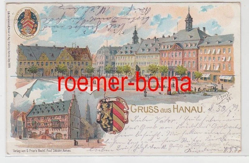 79795 Präge Ak Lithographie Gruss aus Hanau Marktplatz usw. 1899 - Bild 1 von 1