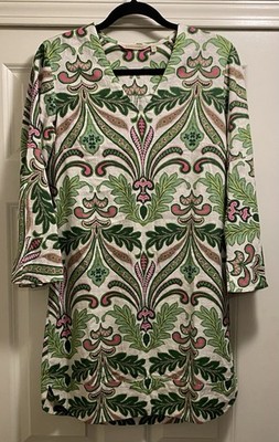 Soft Surroundings Soleil Linen Blend Pink Green Bell Sleeve Dress PXS NWOT 