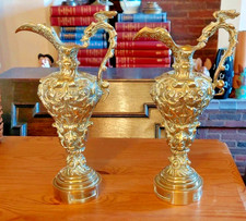 Stunning Pair Brass Or Bronze Gilt Rococo Ewer Vases 9.5 Inch tall Each x  1KG