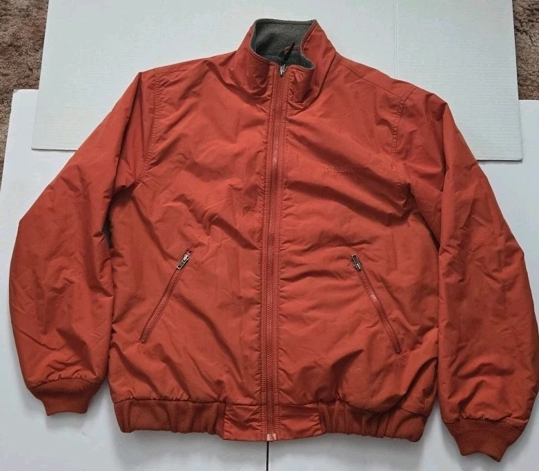LL Bean Jacket Mens Large Orange Fleece Lined O UF43 Full Zip Windbreaker