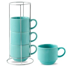 15 oz Coffee Mug Set of 4 with Stand - Stackable Large Ceramic Ribbed Latte C...