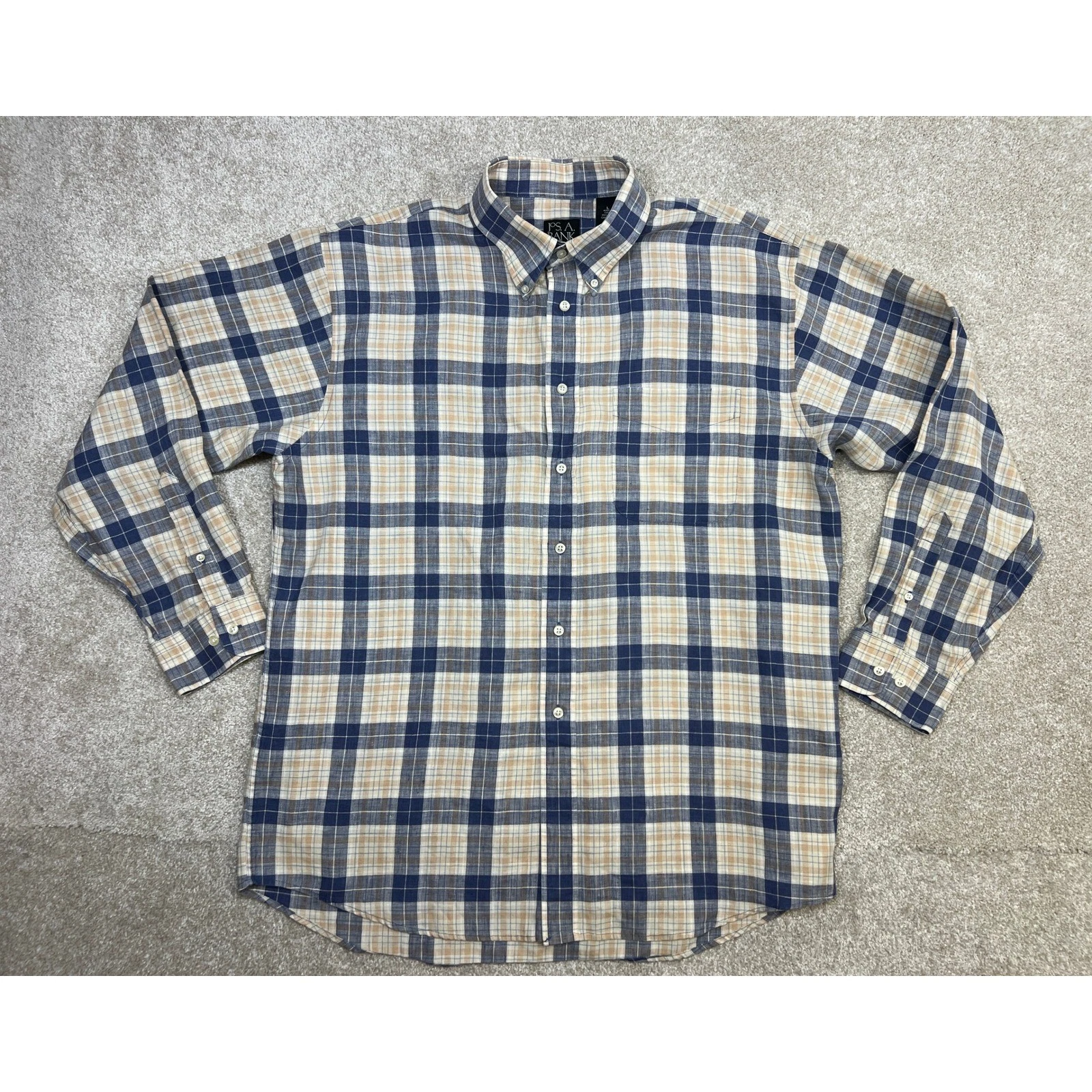 JOS A BANK 100% Linen Travelers Collection Mens Long Sleeve Plaid Button Down L