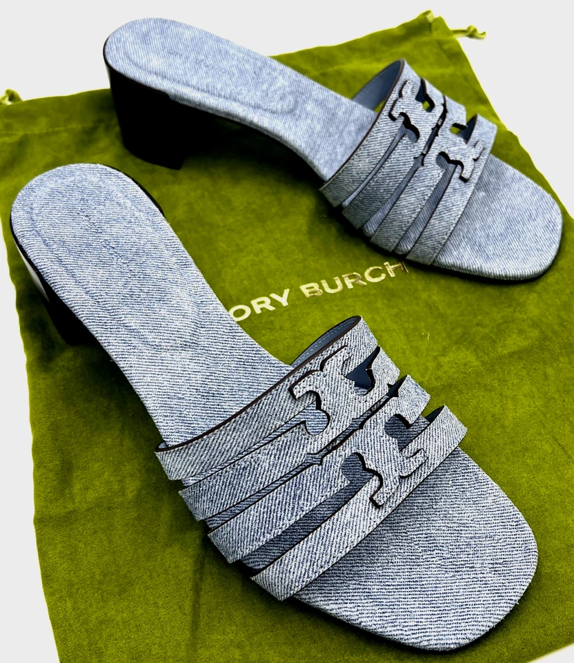 Sandalia Tory Burch Ines Tacón Mula 55MM Denim Gamuza Azul Nube Talla EE. UU. 9 NUEVA EN CAJA Foto 2 de 4