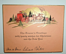 Vtg Christmas Card Peach Background Red Coach Countryside Home Pines GOL...
