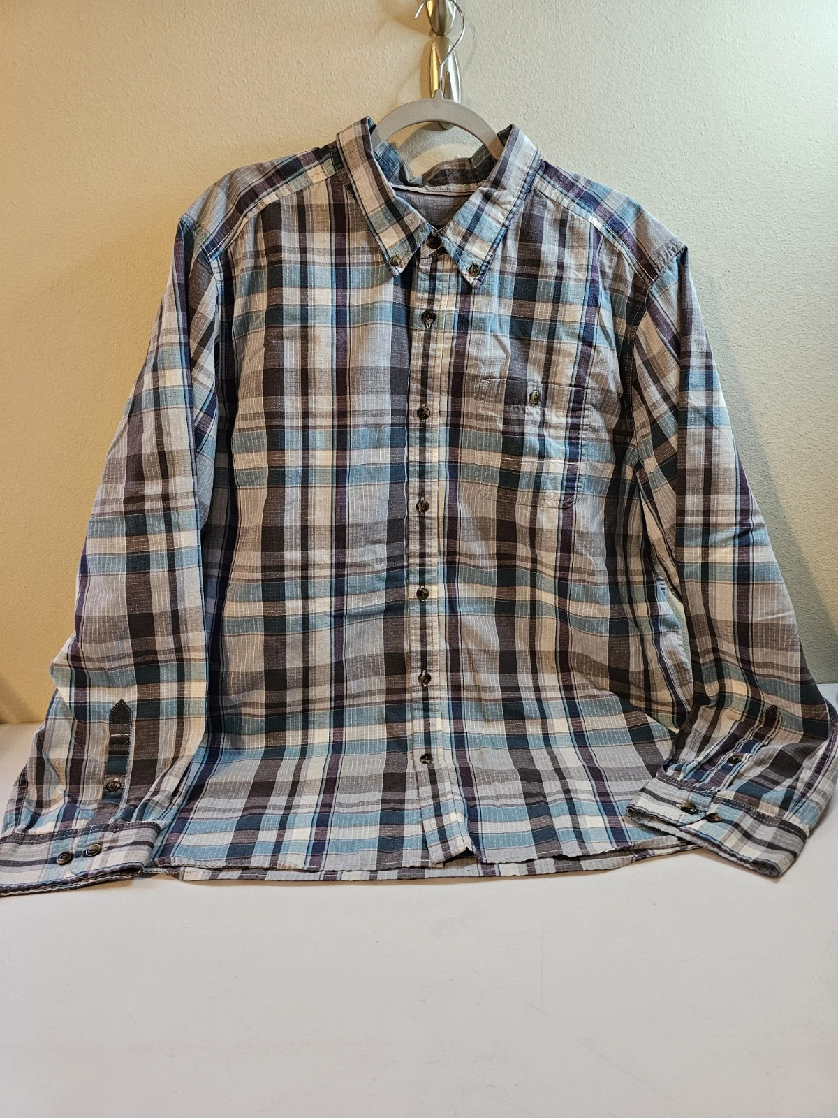 The North Face Shirt Men's 2XL Plaid Button Down Long Sleeve Plaid Teal Gray