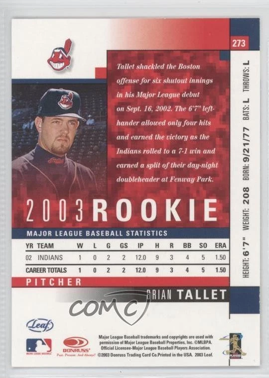2003 Leaf Brian Tallet #273 - Image 2 of 2