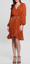 GUESS Dress Size 2 Deztiny Caramel Embossed Chiffon A-Line Gold Belt NWT JAN384