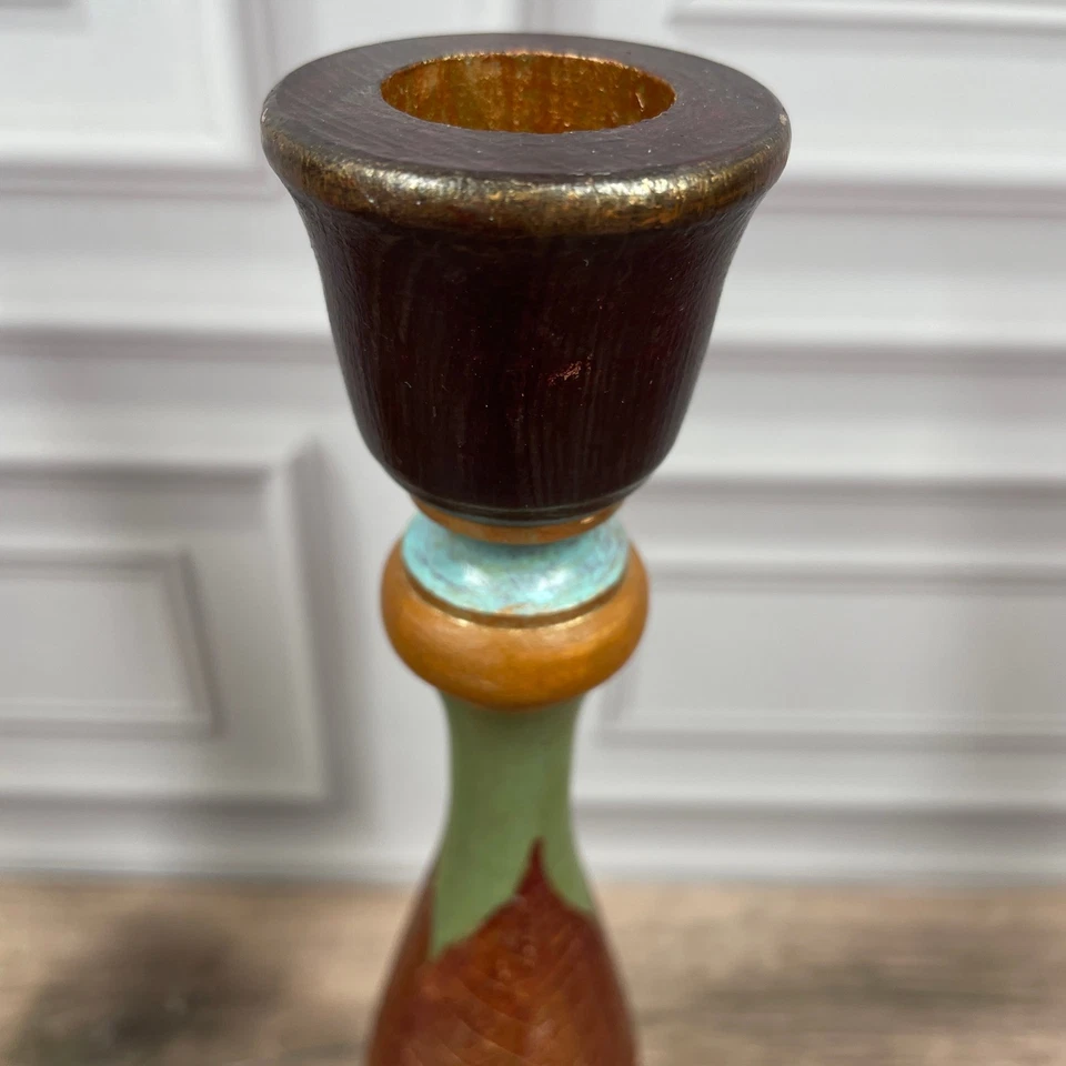 Juego de 2 Candelabros de Madera Hoja de Oro Verde Marrón Azul Artesanal Artesanal Foto 3 de 4