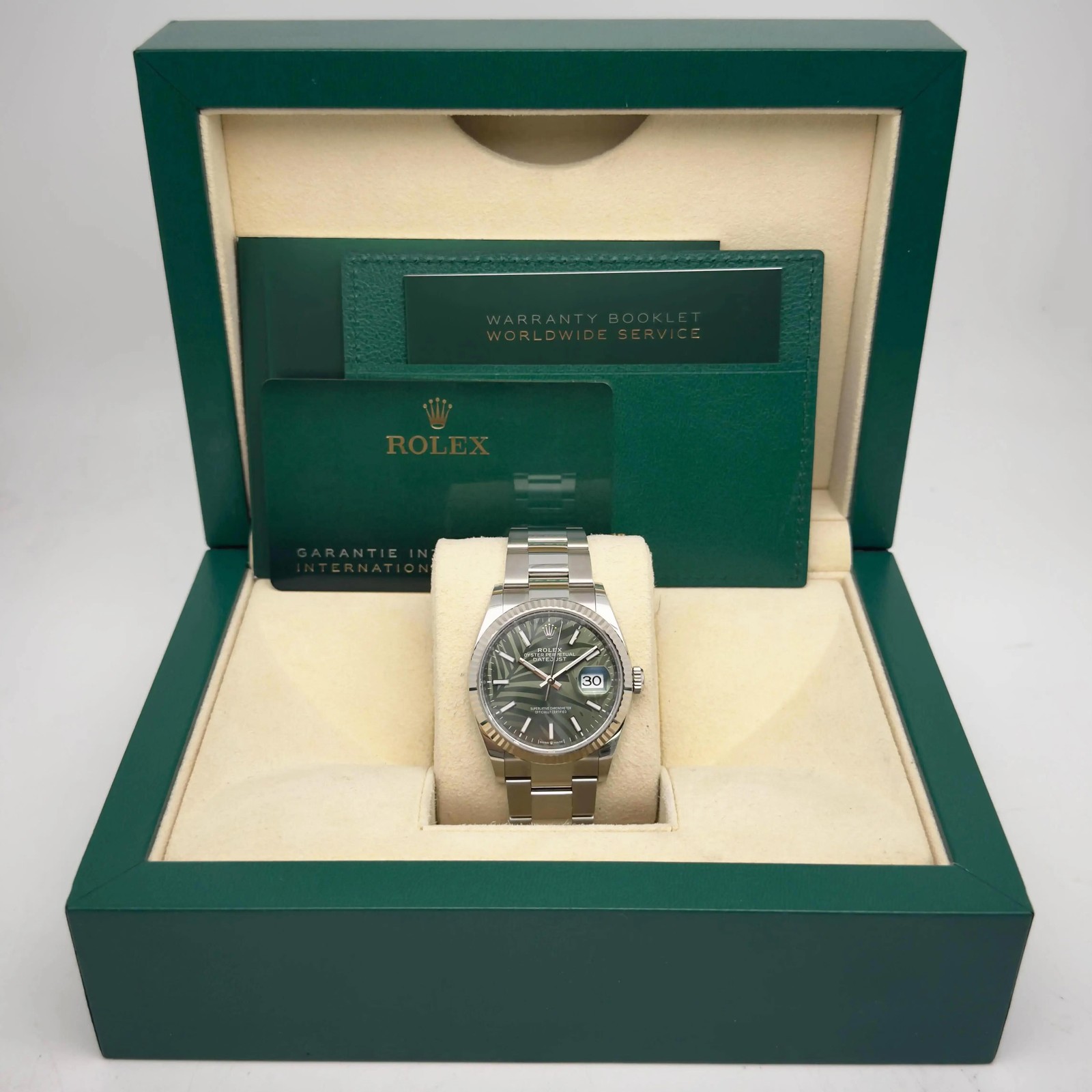 Rolex Datejust 36mm 126234 Steel Green Palm Motif Dial Watch New Old Stock B&P