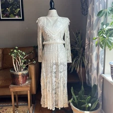 Vintage 70s 80s Victorian Style Lace Ivory Dress Size S Costume Cosplay READ