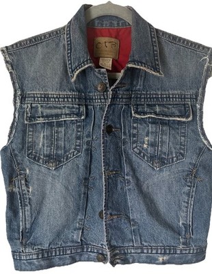 Vintage OTB Distressed Denim Vest Cropped Sleeveless Trucker Red Collar Lining 