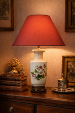 Grande lampe ancienne en céramique décor floral Pied peint à la main style chic