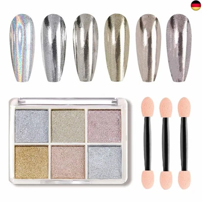 GZMAYUEN Nail Art Chrome Powder Silbrig 6 Farbe Mirror Pigment Nail Glitzer Nagelpulver