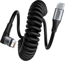 Coiled USB C to USB C Cable 3FT, [2-Pack] Right Angle USB-C Cord for Car, USBC t