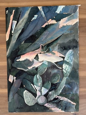Cheryl Criss Original Watercolor Painting Agave Prickly Pear Cactus 30  x  20.5 