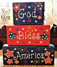 3 Pc AMERICANA God Bless America DISTRESSED RUSTIC WOOD BLOCK Shelf Sitter SET