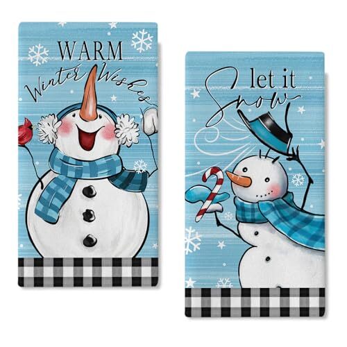 Warm Wishes Snowman Kitchen Dish Towels Set of 2, Let It Snow Buffalo Winter - Picture 2 of 7