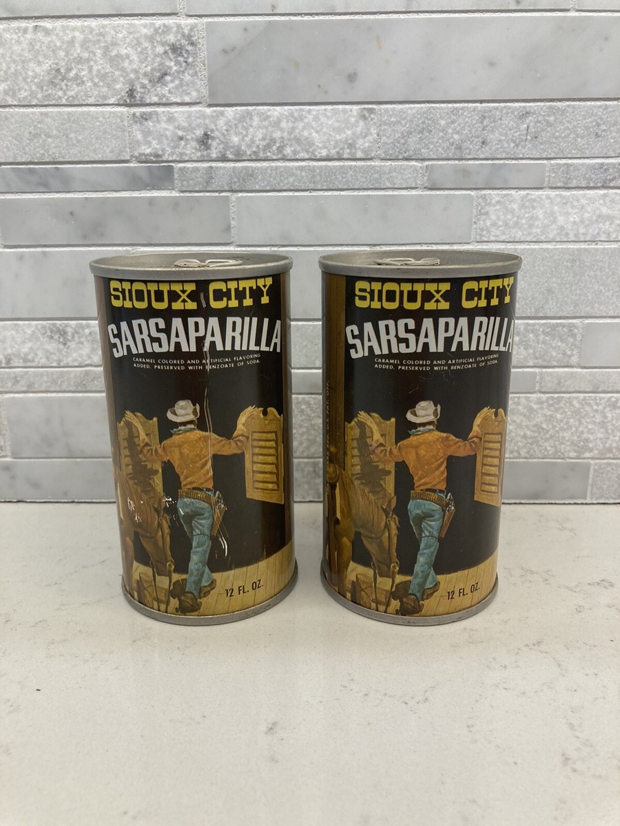1960s Sioux City Sarsaparilla Cowboy Saloon Steel Soda Pop Can x2