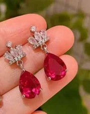 1.9Ct Pear Cut Lab-Created Red Ruby Drop  Dangle Earrings 14K White Gold Plated