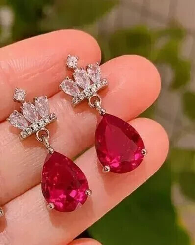 1.9Ct Pear Cut Lab-Created Red Ruby Drop & Dangle Earrings 14K White Gold Plated - Picture 1 of 3