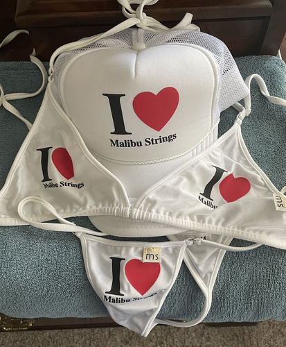 Malibu Strings I Heart Ms Bikini & Ball Cap Hat Tri Top Classic Thong bottom