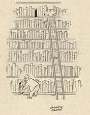 BOOK / READING CARTOON Vintage 1950 British Illustration BIG BOOK WITH LADDER