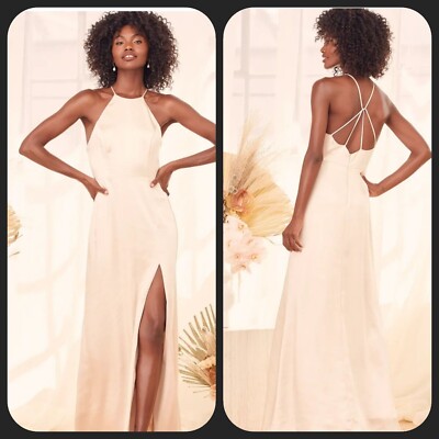 NEW Lulus Champagne Satin Strappy Maxi Dress Halter Side Slit Wedding Prom  L | eBay